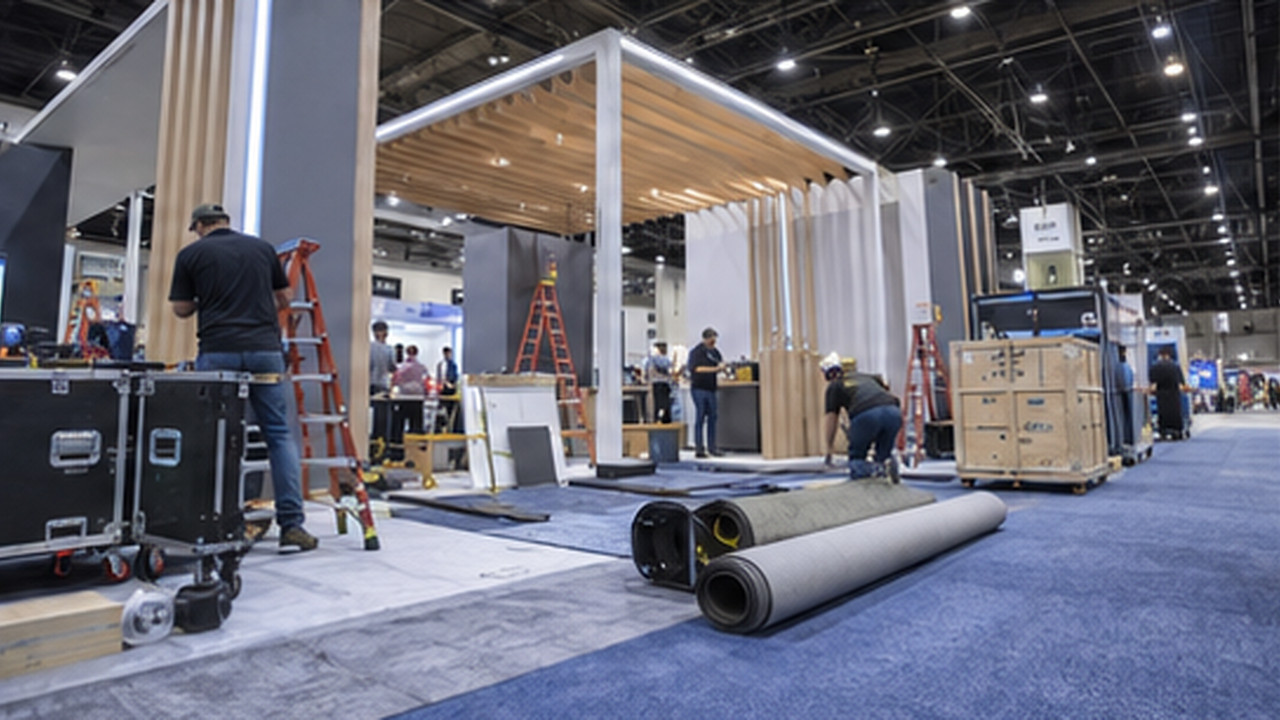 A custom trade-show booth being installed on the show floor.