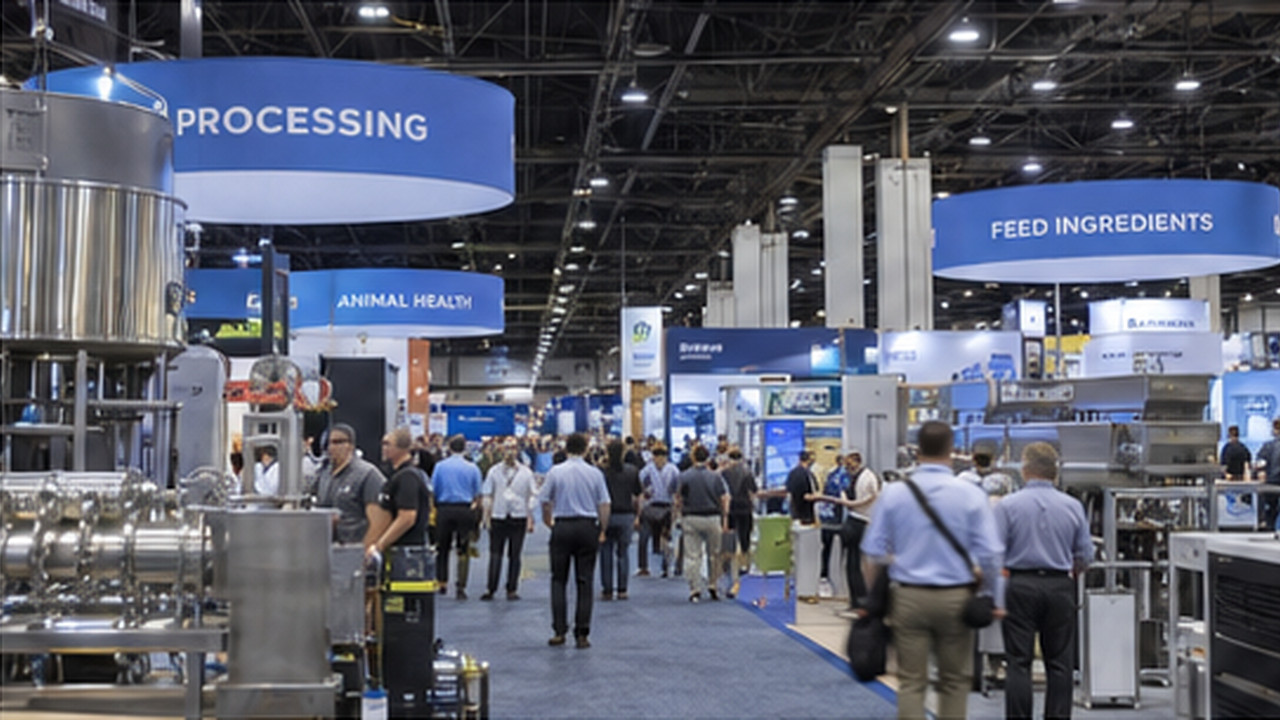 A large food-processing trade-show hall with exhibitors and equipment displays.