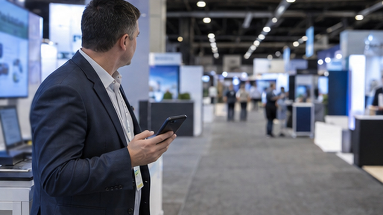 A phone in a quiet booth showing an empty trade-show matchmaking app.