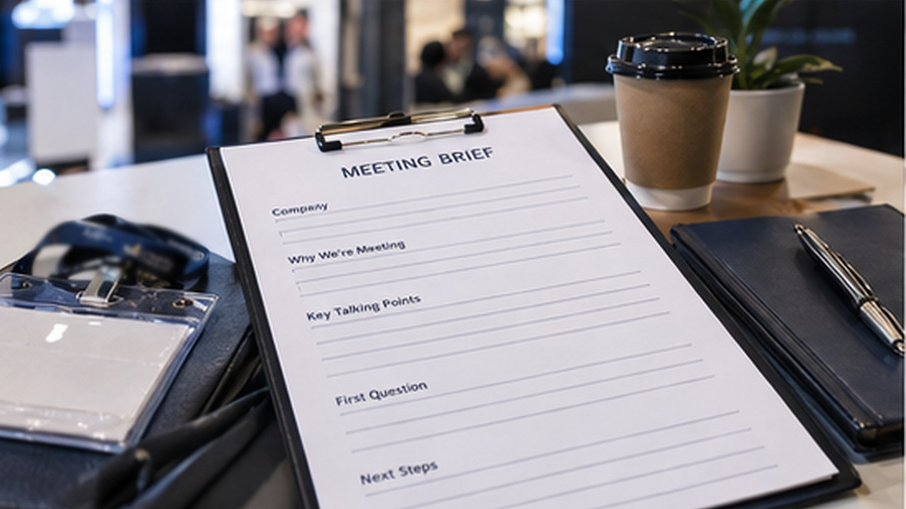 A one-page meeting brief on a table beside a pen, ready for the booth team.
