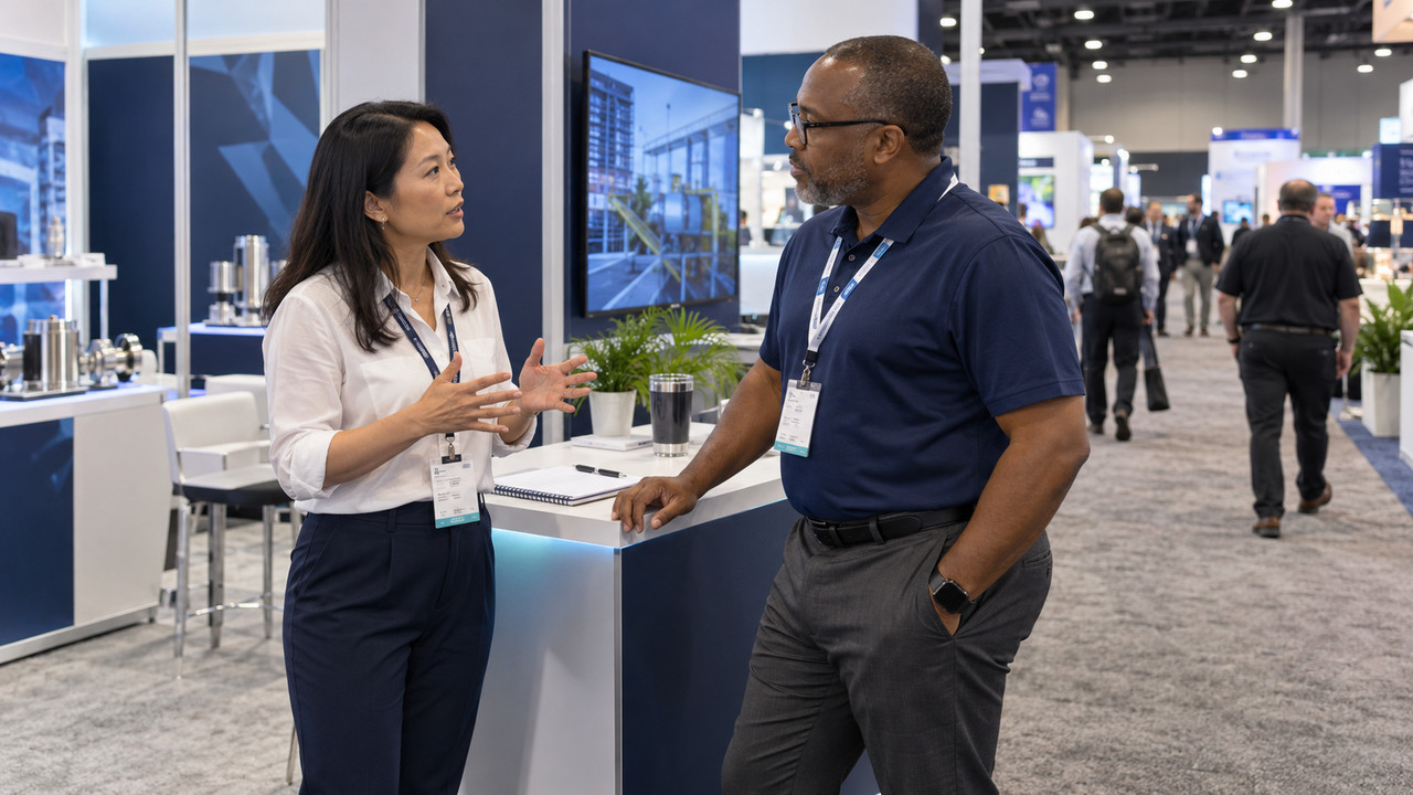 Two professionals shaking hands at a trade-show booth on the show floor.
