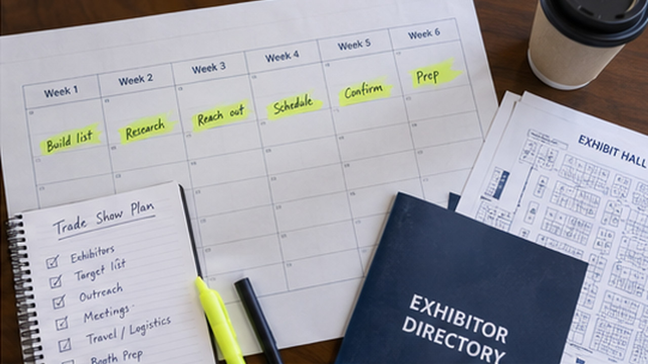 An open planner with a six-week calendar marked for trade-show meeting outreach.